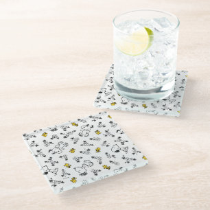 Peanuts   Snoopy & Woodstock B&W Flower Pattern Glass Coaster