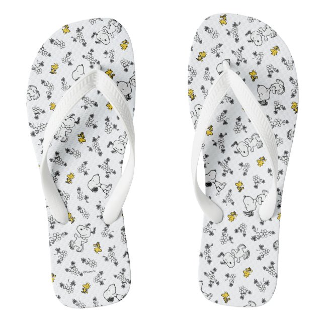Peanuts | Snoopy & Woodstock B&W Flower Pattern Jandals (Footbed)