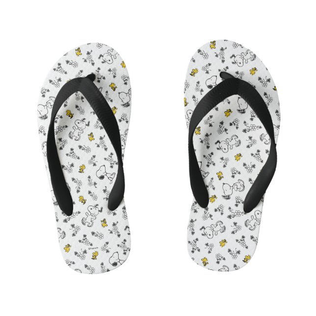 Peanuts | Snoopy & Woodstock B&W Flower Pattern Kid's Jandals (Footbed)