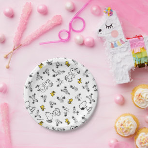 Peanuts   Snoopy & Woodstock B&W Flower Pattern Paper Plate