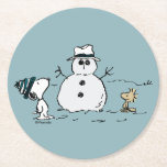 Peanuts | Snoopy & Woodstock Build A Snowman Round Paper Coaster<br><div class="desc">Check out this fun Peanuts design featuring Snoopy and Woodstock.</div>