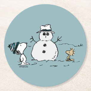 Peanuts   Snoopy & Woodstock Build A Snowman Round Paper Coaster