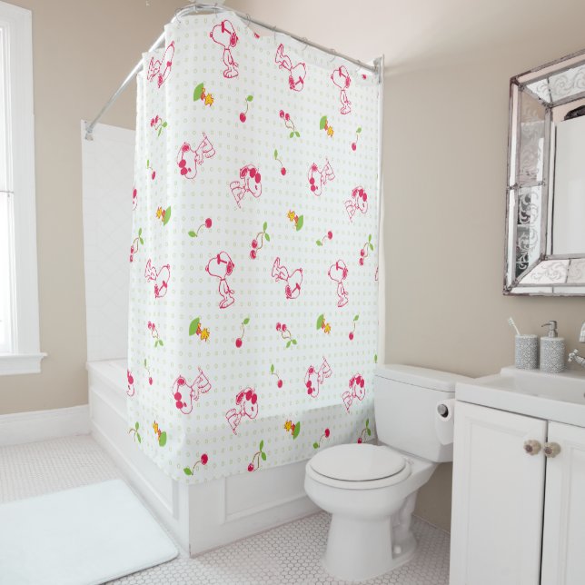 Peanuts | Snoopy & Woodstock Cherry Pattern Shower Curtain (In Situ)