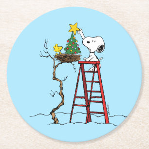 Peanuts   Snoopy & Woodstock Christmas Tree Round Paper Coaster