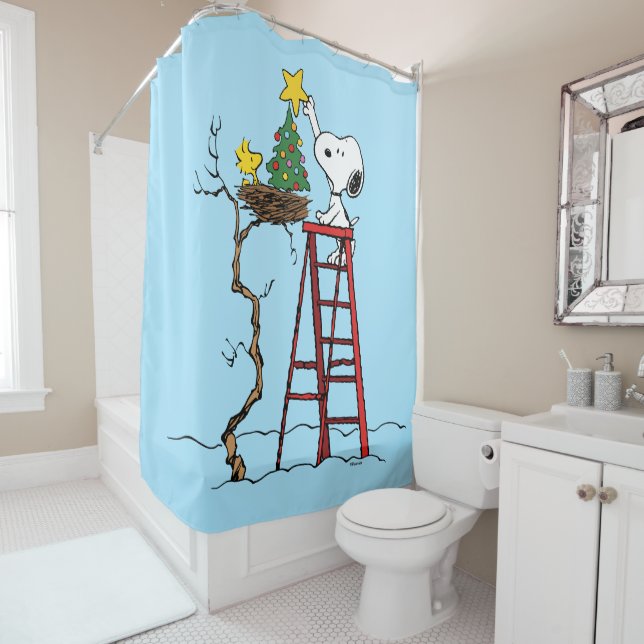 Peanuts | Snoopy & Woodstock Christmas Tree Shower Curtain (In Situ)