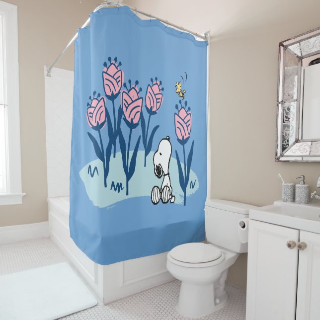 Peanuts | Snoopy & Woodstock Flower Garden Shower Curtain (In Situ)
