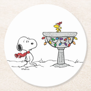 Peanuts   Snoopy & Woodstock Frozen Birdbath Round Paper Coaster