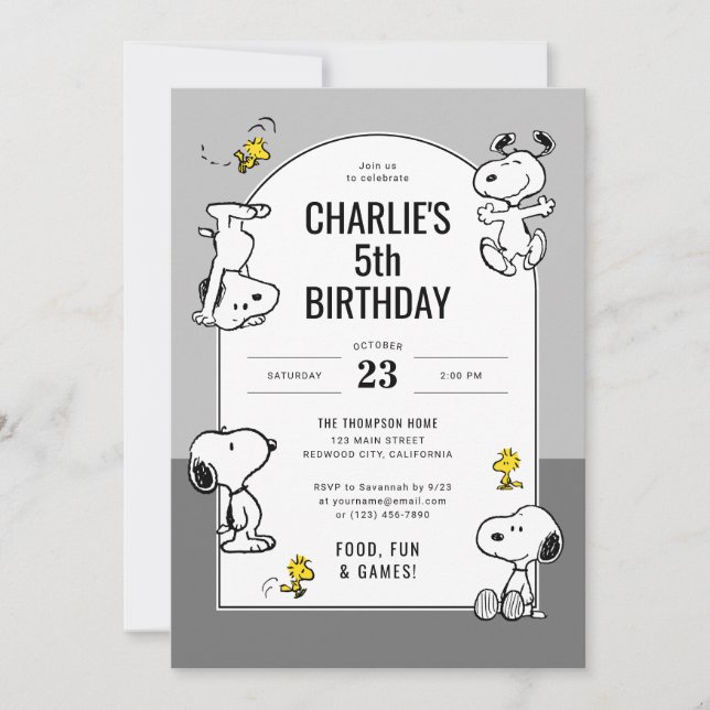 Peanuts Snoopy & Woodstock Grey Birthday Invitation (Front)