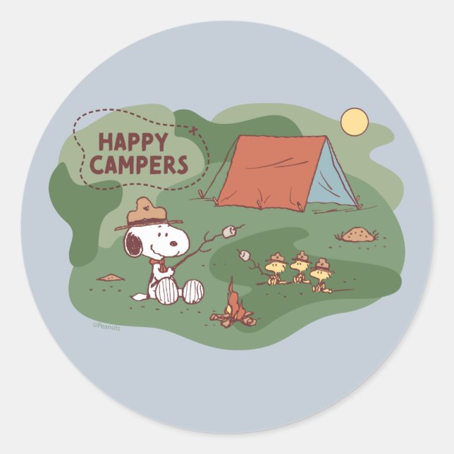 Peanuts | Snoopy & Woodstock Happy Campers Classic Round Sticker (Front)