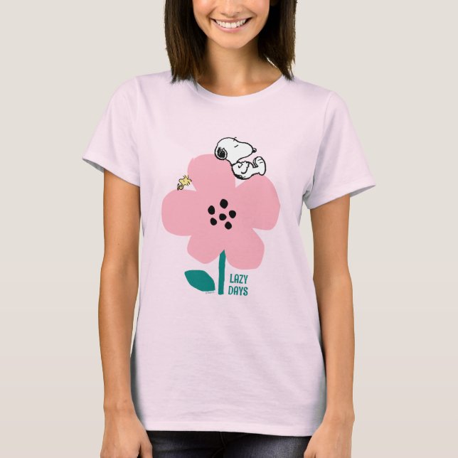Peanuts | Snoopy & Woodstock Nap on Pink Flower T-Shirt (Front)