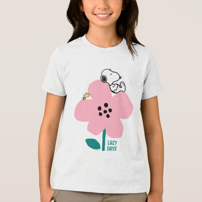 Peanuts | Snoopy & Woodstock Nap on Pink Flower Tri-Blend Shirt (Front)