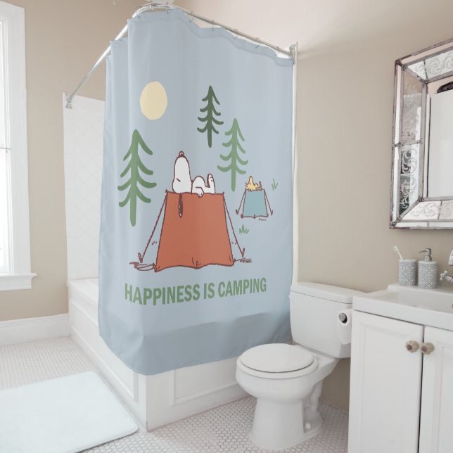 Peanuts | Snoopy & Woodstock Pitching Tents Shower Curtain (In Situ)