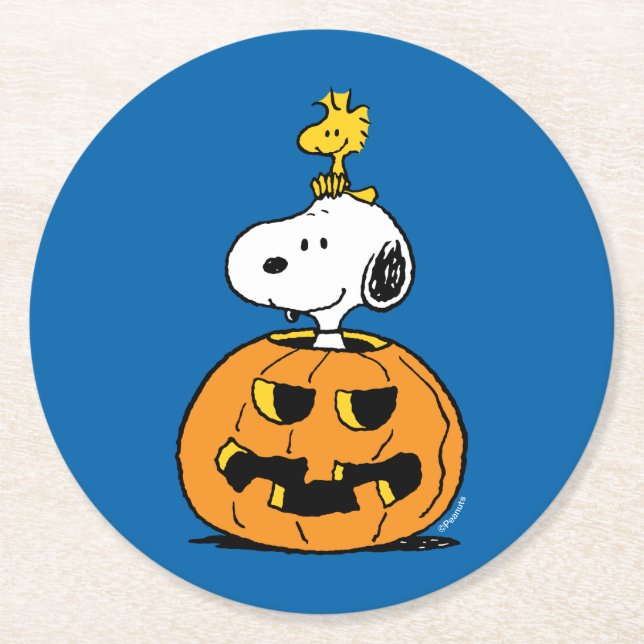 Peanuts | Snoopy & Woodstock Pop-up Pumpkin Round Paper Coaster (Front)