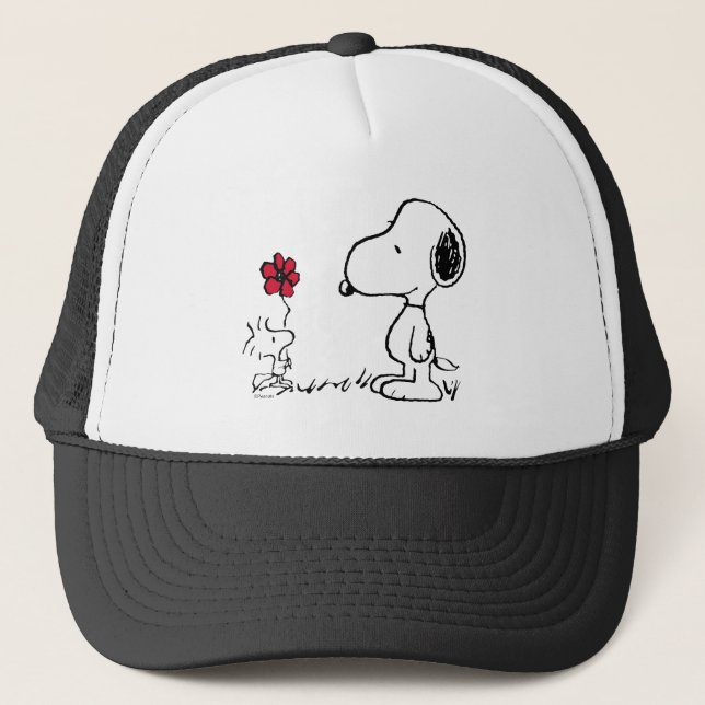 Peanuts | Snoopy & Woodstock Red & Black Trucker Hat (Front)