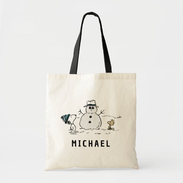 Peanuts | Snoopy & Woodstock Snowman | Add Name Tote Bag (Front)