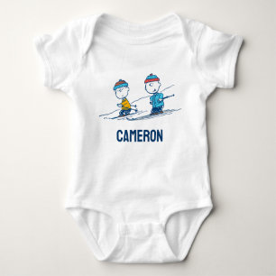 Peanuts   Winter Skiing the Slopes   Add Name Baby Bodysuit