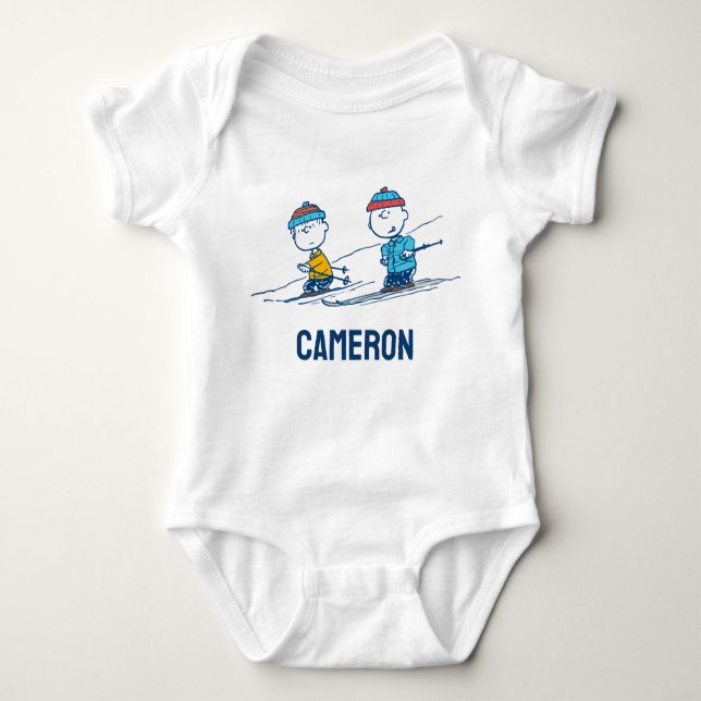 Peanuts | Winter Skiing the Slopes | Add Name Baby Bodysuit (Front)