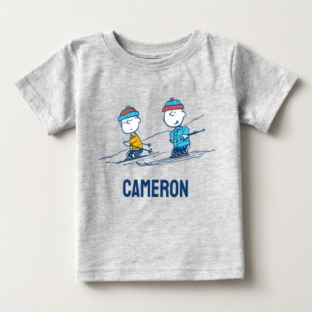 Peanuts | Winter Skiing the Slopes | Add Name Baby T-Shirt (Front)