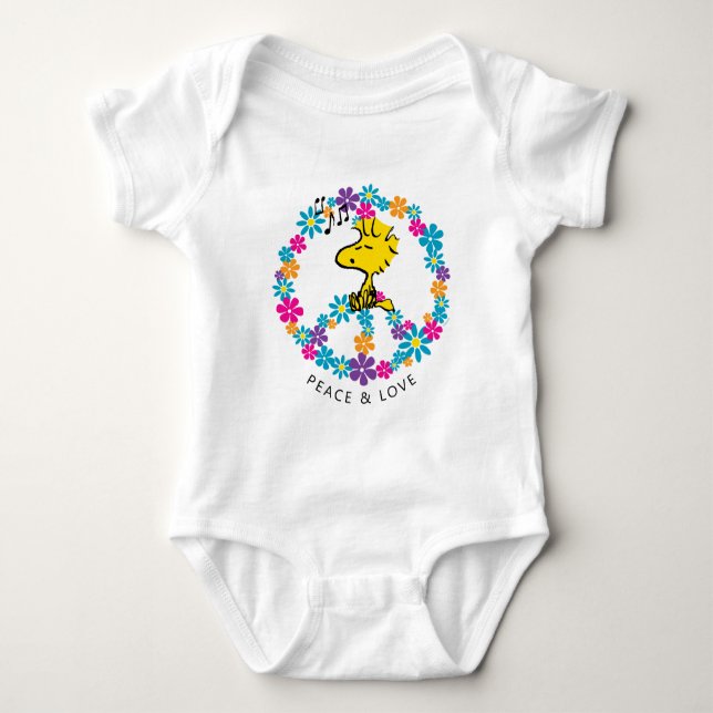 Peanuts | Woodstock Flower Peace Sign Baby Bodysuit (Front)