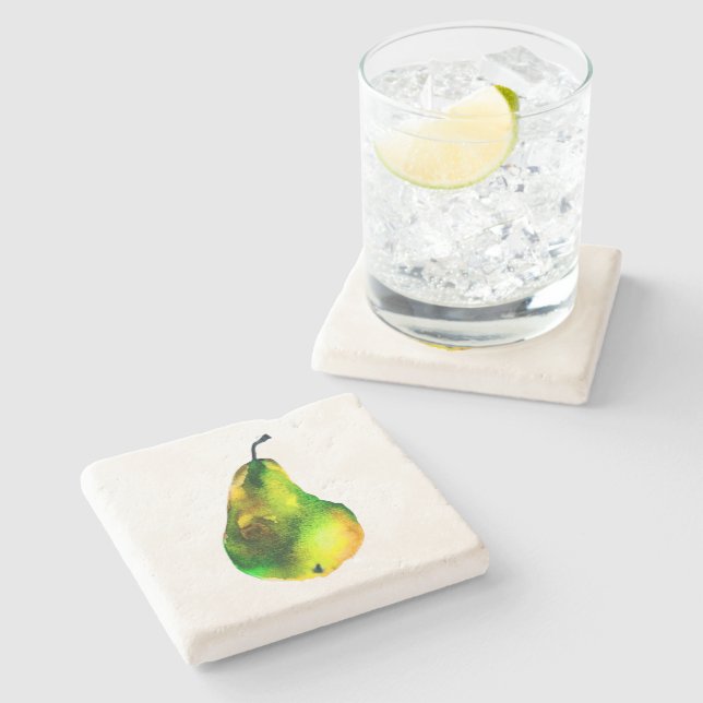 Pear art cute watercolor fruit stone coaster (Side)