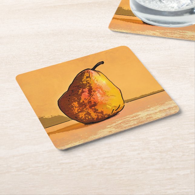 Pear Engraving Art Square Paper Coaster (Angled)