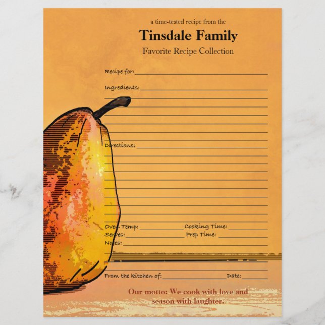 Pear Engraving Custom Family Recipe Page (Front)