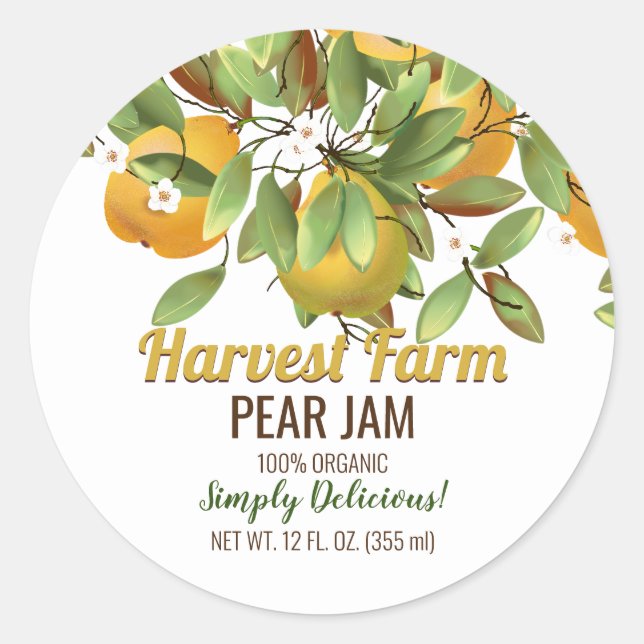 Pear Fruit Jam Jar Classic Round Sticker (Front)