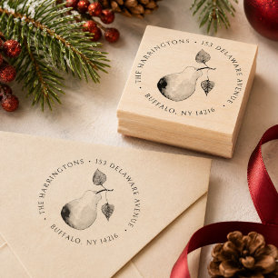 Pear Return Address Round Hand-Illustrated Rubber Stamp