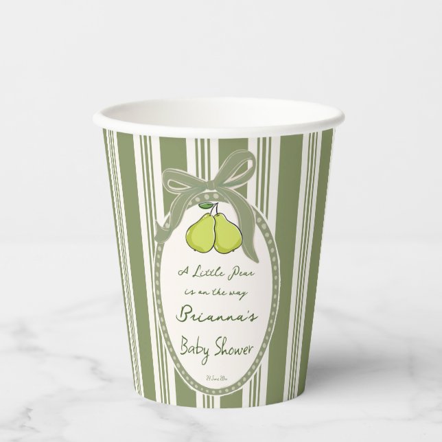 Pear sage green retro stripes baby shower custom paper cups (Front)