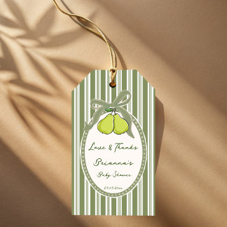 Pear sage green retro stripes baby shower favor gift tags