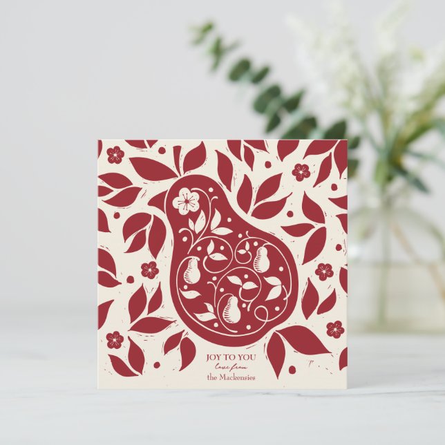 Pear Tree Partridge - Cranberry Red Holiday Card (Standing Front)