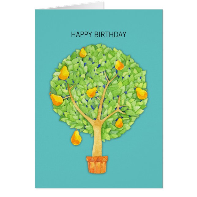Pear Tree teal Happy Birthday Card (Front)