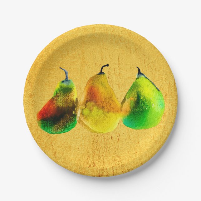 Pear watercolor green fruit paper plates (Front)
