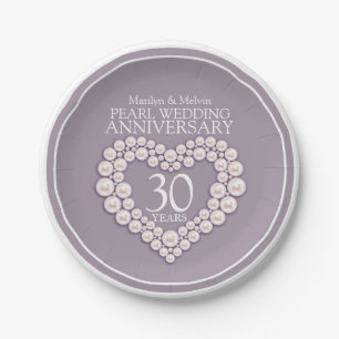 Pearl 30th wedding anniversary custom heart paper plate
