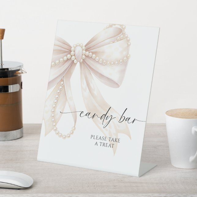 Pearl and Bow Candy Bar Pedestal Sign (In SItu)