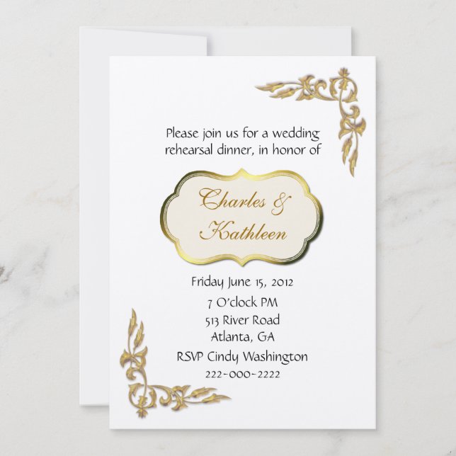 Pearl and Gold Rehearsal Dinner Invitation (Front)