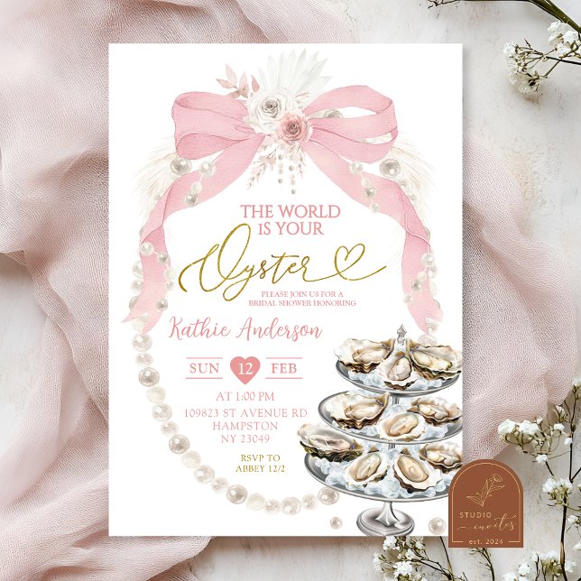  Pearl and Pink Bow Bridal Shower Oyster Invitation (Creator Uploaded)