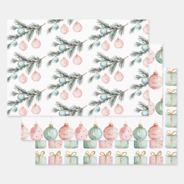 Pearl Aqua Pink Christmas Tree Branch Ornaments Wrapping Paper Sheet (Set)
