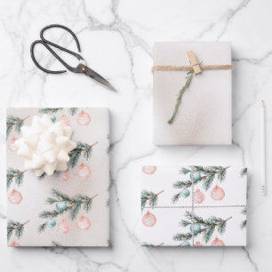 Pearl Aqua Pink Christmas Tree Branch Ornaments Wrapping Paper Sheet