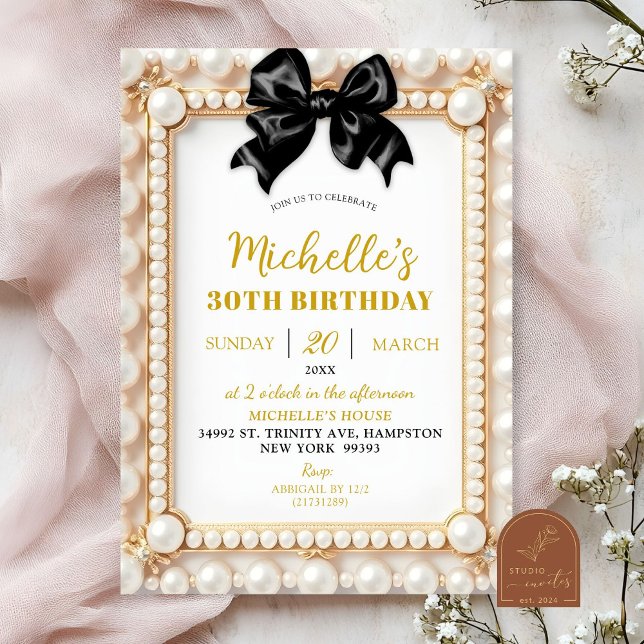 Pearl Black Bow Birthday Invitation (Creator Uploaded)