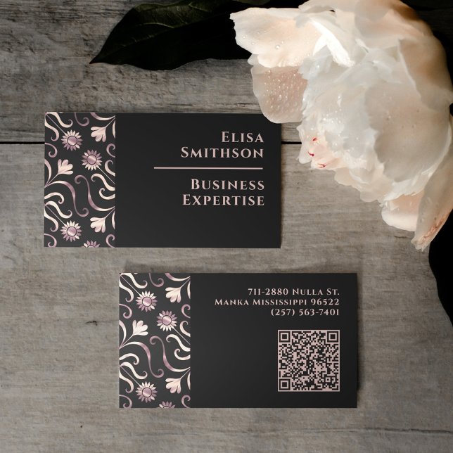 Pearl & Black Floral Damask Elegant Purple Pattern Business Card (Creator Uploaded)