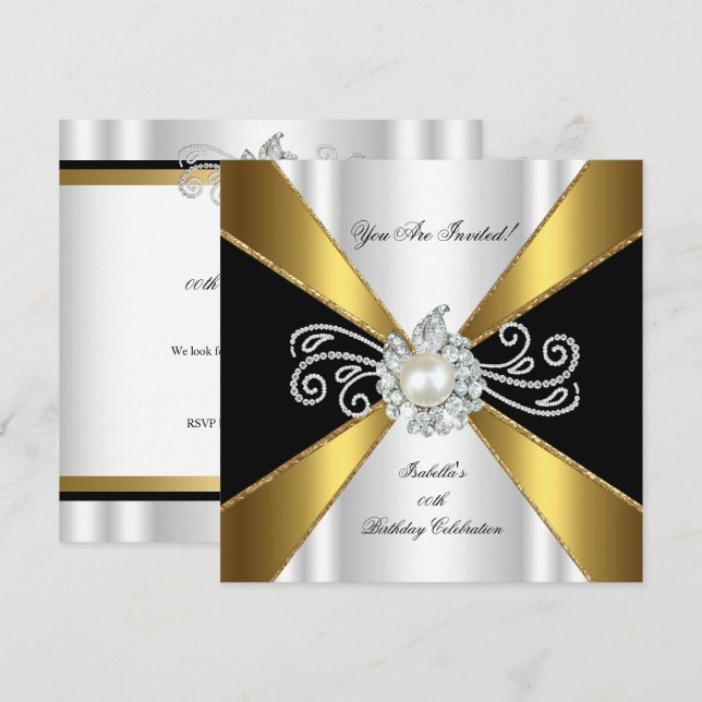 Pearl Black Gold White Diamond Birthday Party Invitation (Front/Back)