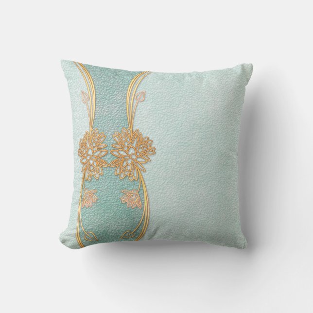 Pearl Blue Golden Leaf Floral Scrapbook Cushion (Front)