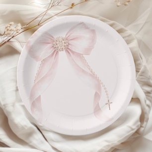 Pearl Blush Pink Bow Gold Cross Baptism Paper Plate