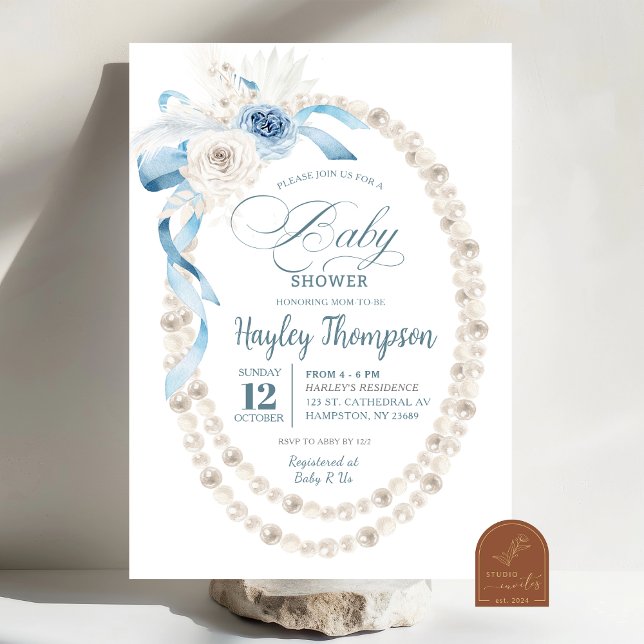 Pearl Boho Blue Floral Baby Shower Invitation (Creator Uploaded)