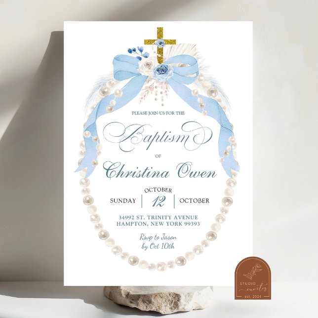Pearl Boho Blue Floral Boy Baptism Invitation (Creator Uploaded)