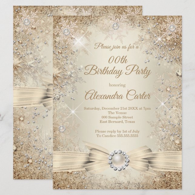 Pearl Bow Beige Cream Gold Snowflake Birthday Invitation (Front/Back)