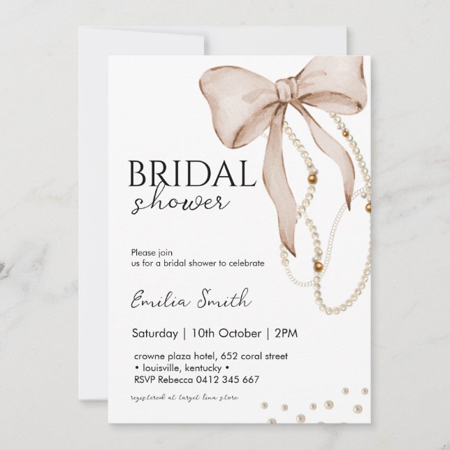  Pearl Bow Bridal Shower  Invitation (Front)