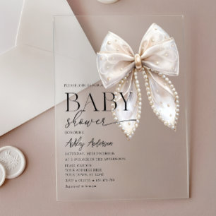 Pearl Bow Girl Baby Shower Acrylic Invitations