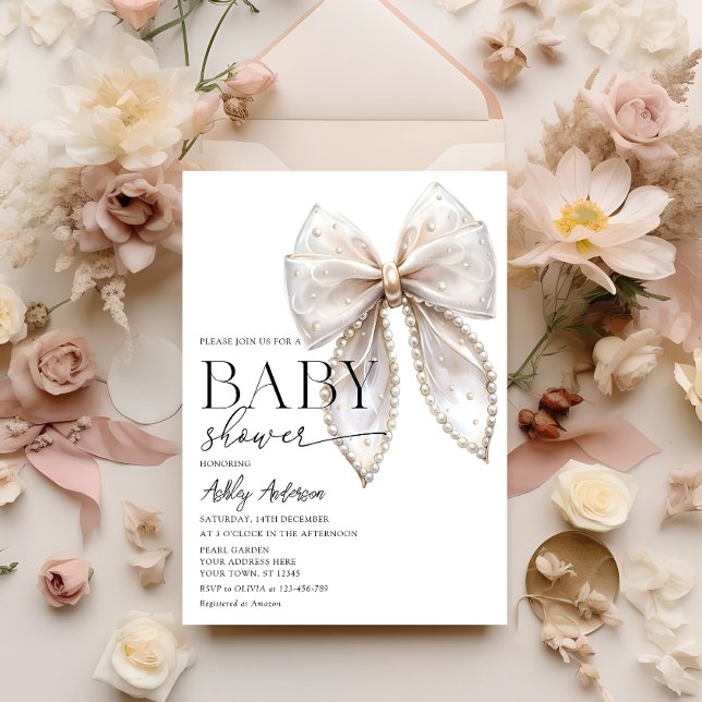 Pearl Bow Girl Baby Shower Invitation (Creator Uploaded)